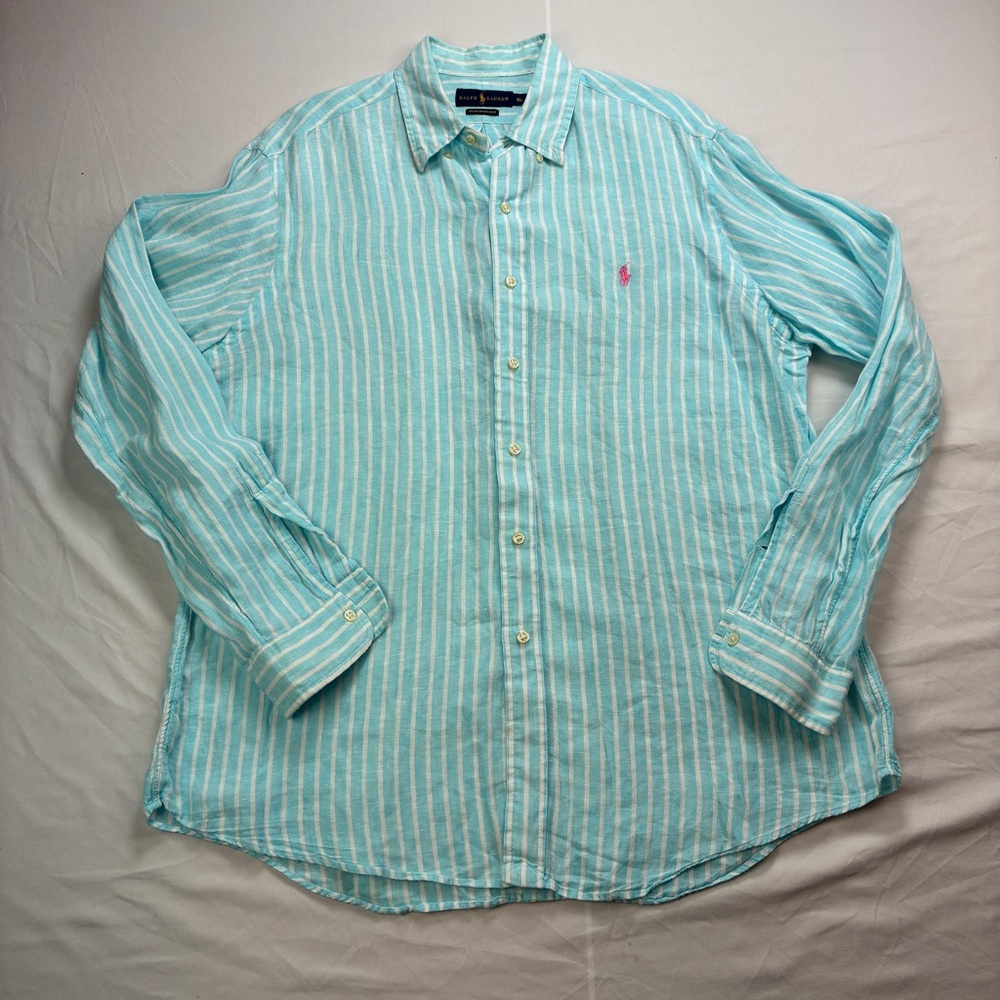 Ralph Lauren Blue Label Aqua and White Striped Linen Button-Down Shirt